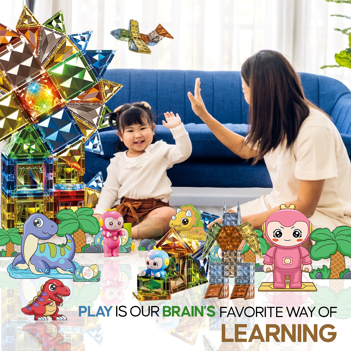 Elegancy 90 Pcs Magnetic Tiles Dinosaur Building Blocks Set, DIY 4D Diamond Kids Magnet Construction Tile, Interactive Educational Toys, Birthday Gifts for Children