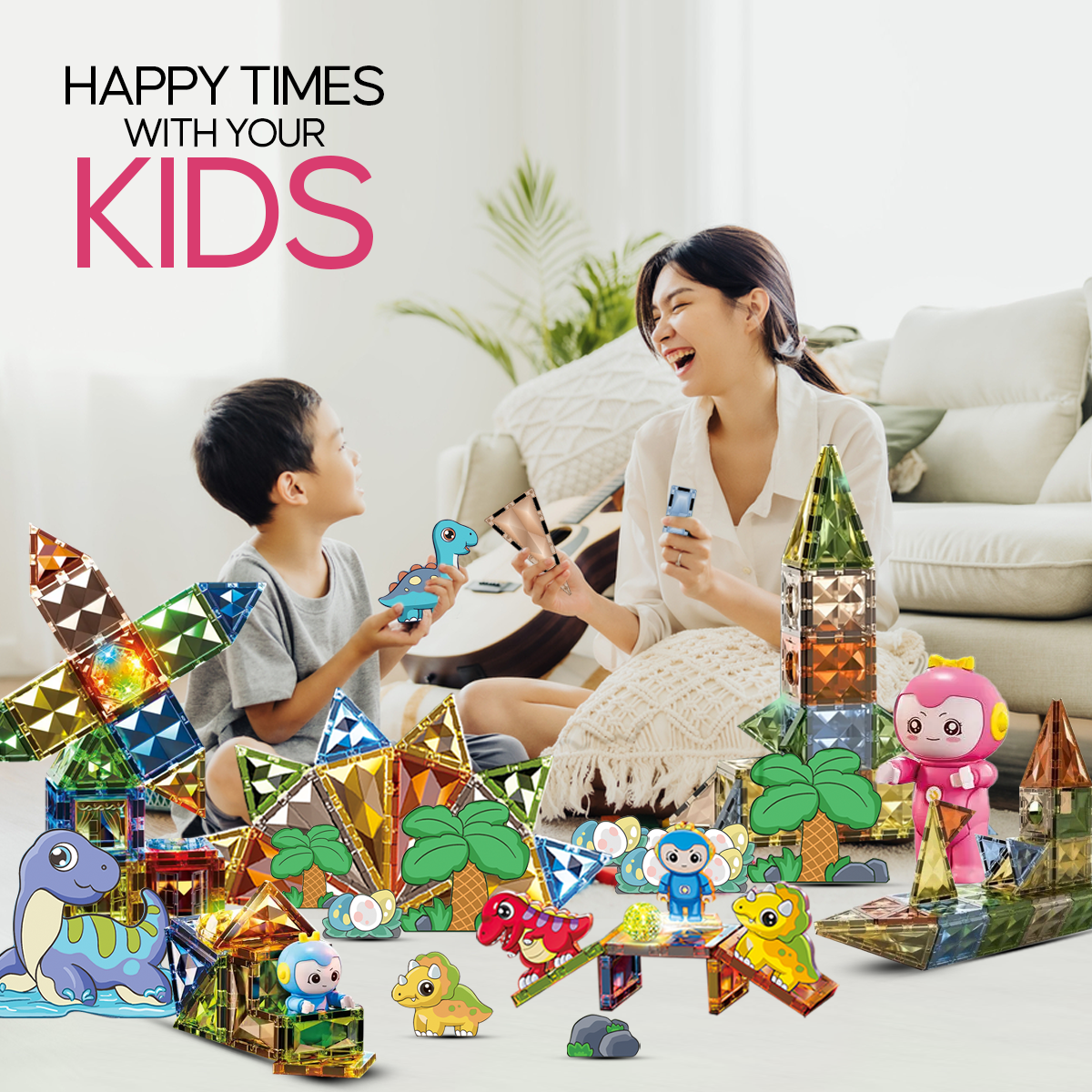 Elegancy 90 Pcs Magnetic Tiles Dinosaur Building Blocks Set, DIY 4D Diamond Kids Magnet Construction Tile, Interactive Educational Toys, Birthday Gifts for Children