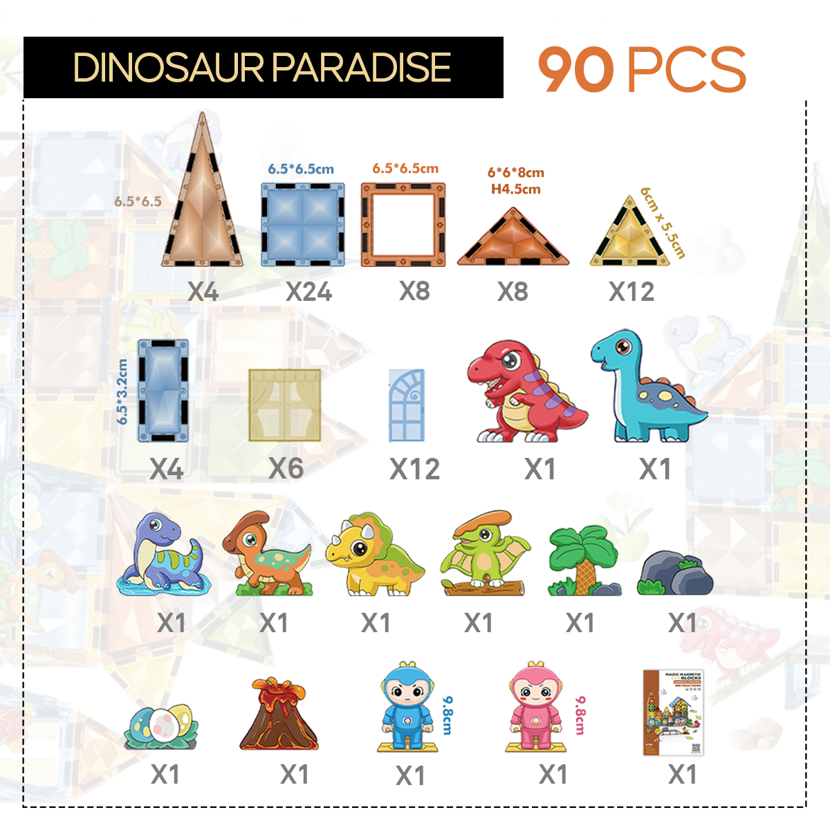 Elegancy 90 Pcs Magnetic Tiles Dinosaur Building Blocks Set, DIY 4D Diamond Kids Magnet Construction Tile, Interactive Educational Toys, Birthday Gifts for Children