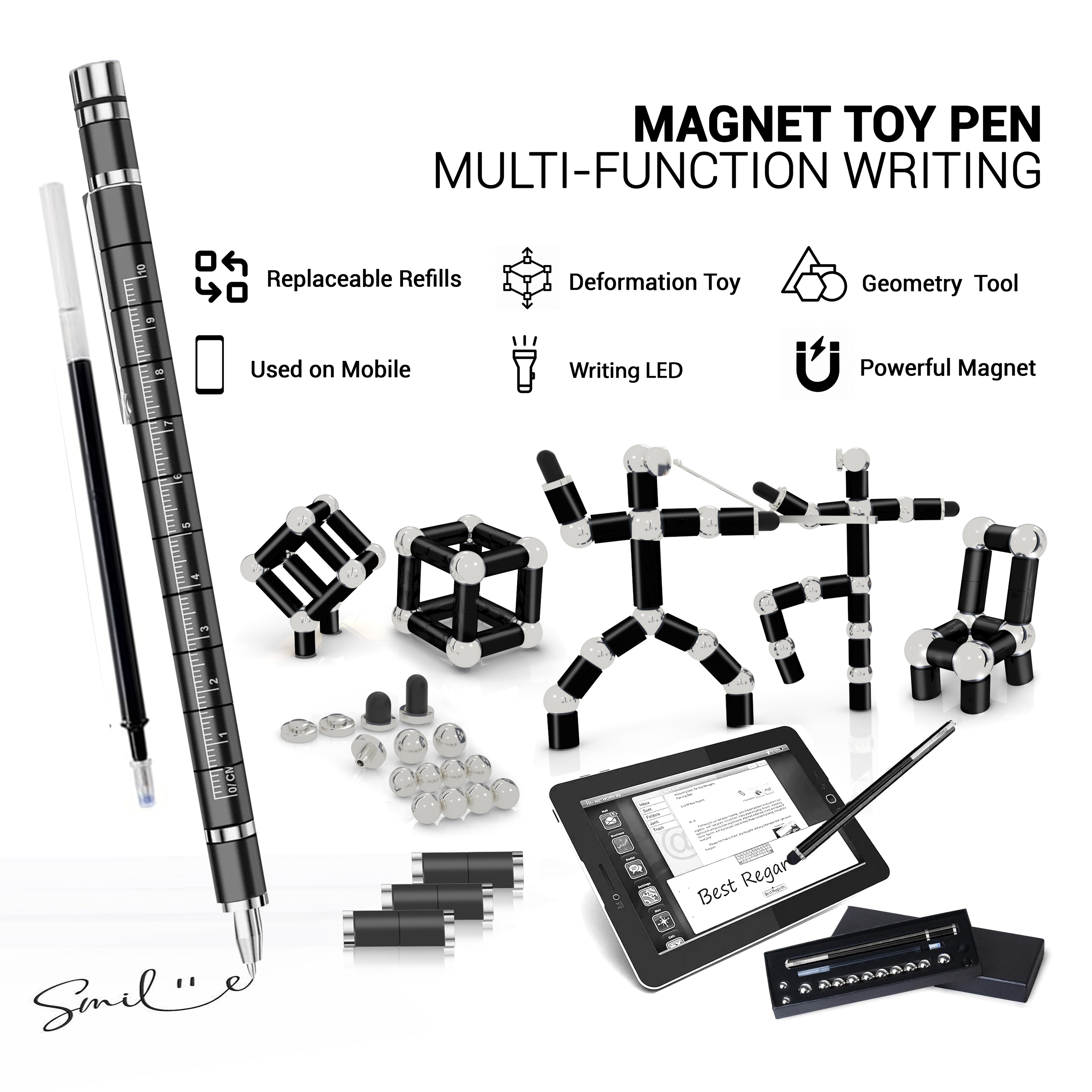 Elegancy Magnetic Fidget Pen with LED Light – Deformable Stress-Relief Pen, Multifunction Stylus & Cool Gift for Men, Women & Teens