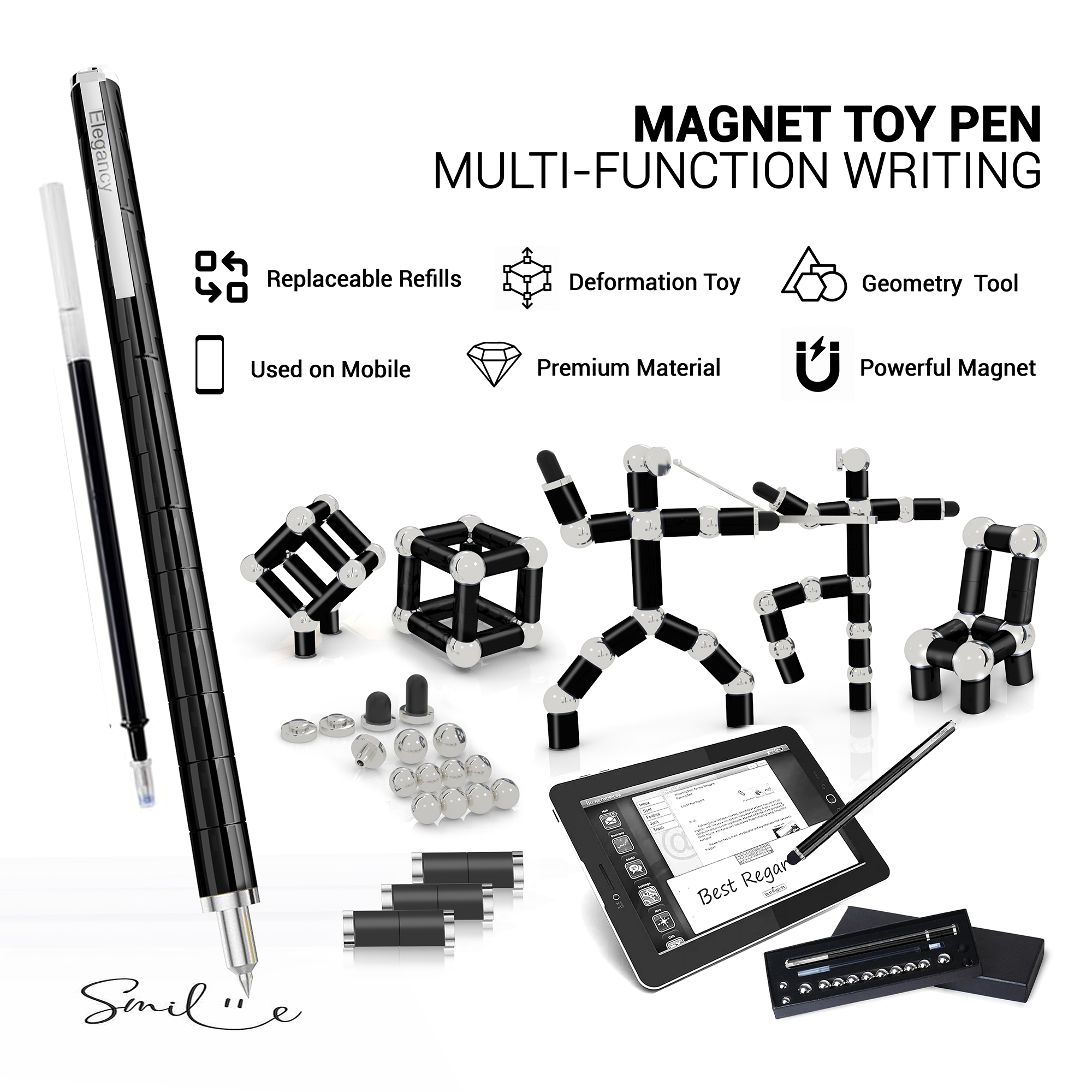 Elegancy Magnetic Fidget Pen | Deformable Stress Relief Pen Toy | Cool Creative Magnet Pen for Teens & Adults Christmas Gifts (Black)