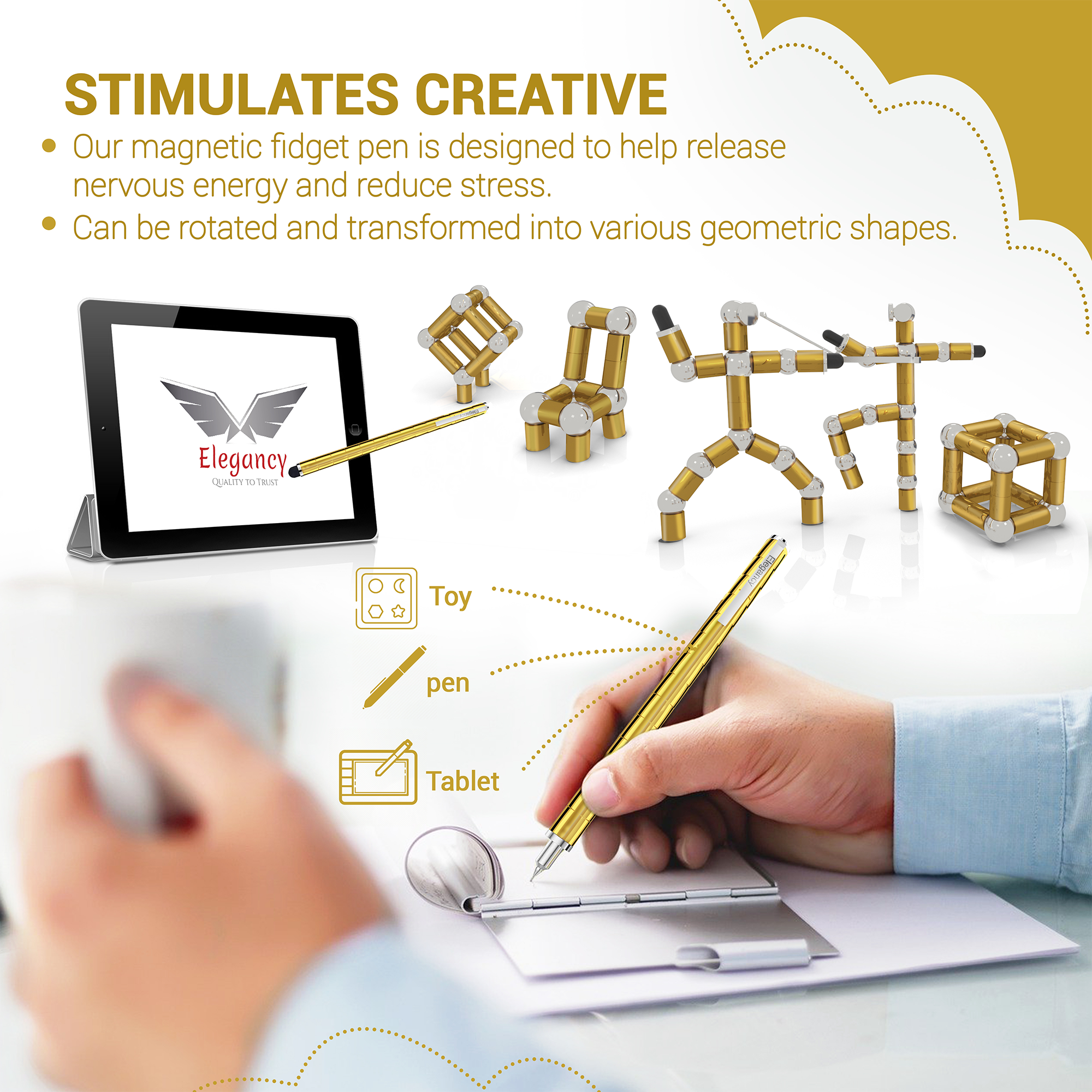 Elegancy Magnetic Fidget Pen | Deformable Stress Relief Pen Toy | Cool Creative Magnet Pen for Teens & Adults Christmas Gifts (Gold)