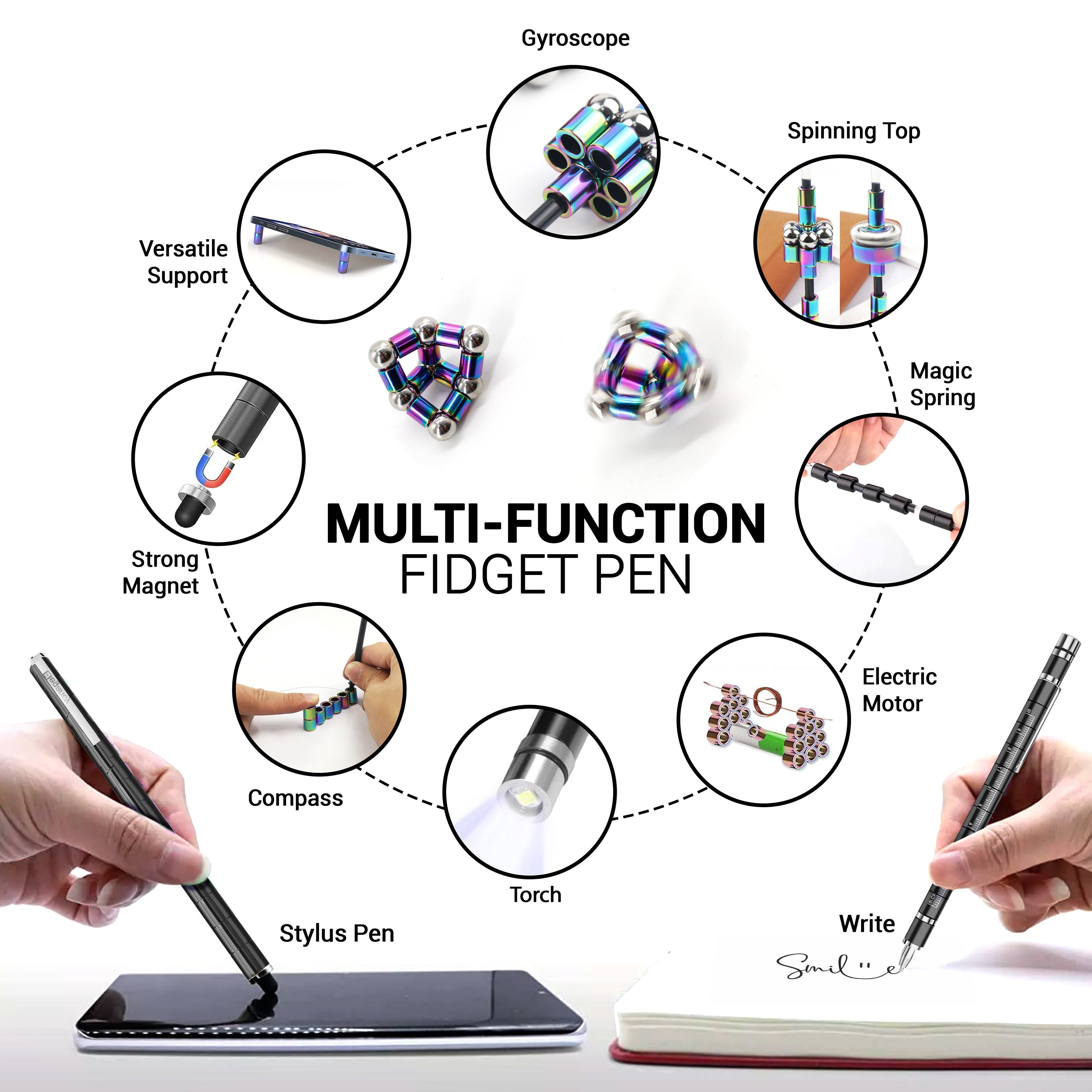 Elegancy Magnetic Fidget Pen with LED Light – Deformable Stress-Relief Pen, Multifunction Stylus & Cool Gift for Men, Women & Teens