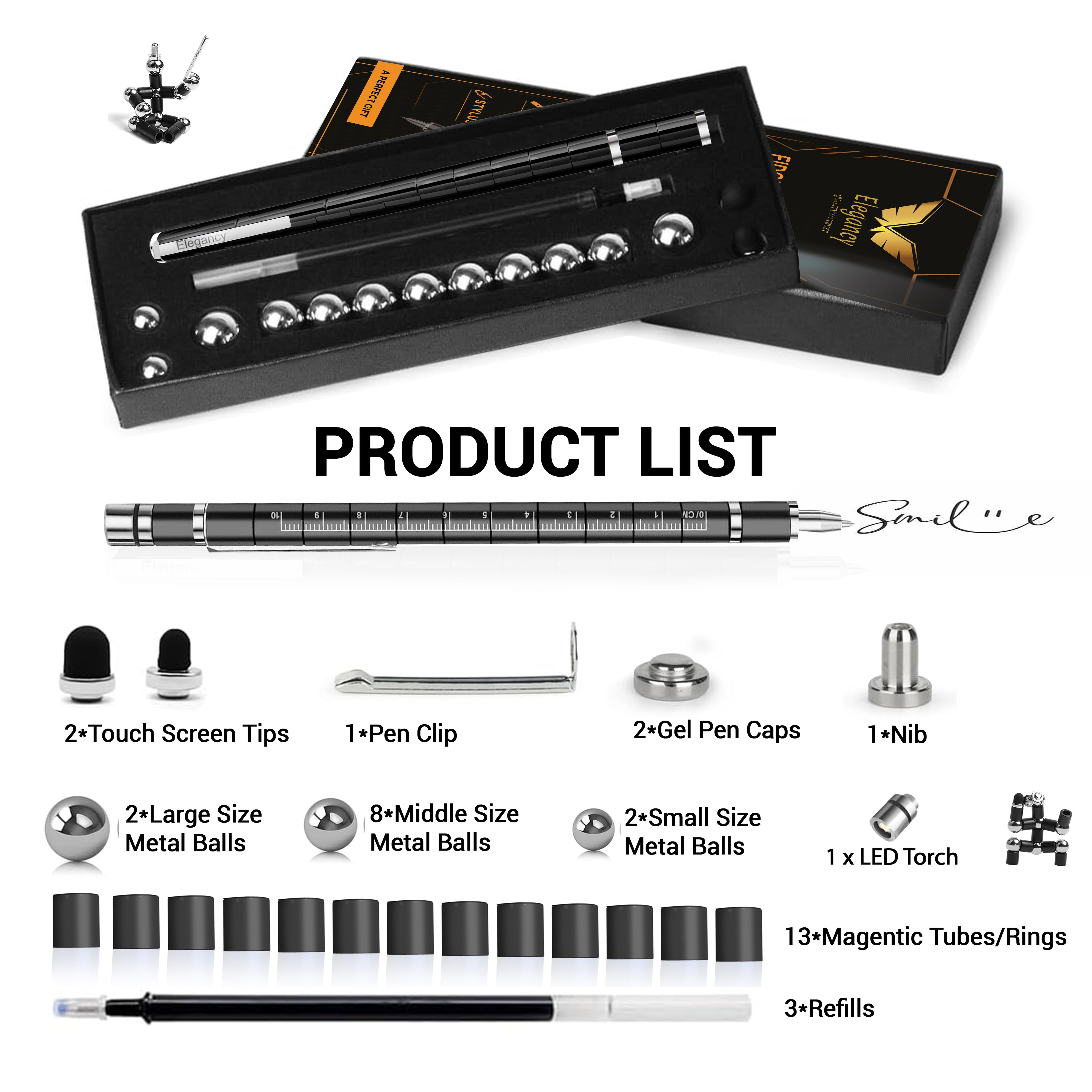 Elegancy Magnetic Fidget Pen with LED Light – Deformable Stress-Relief Pen, Multifunction Stylus & Cool Gift for Men, Women & Teens