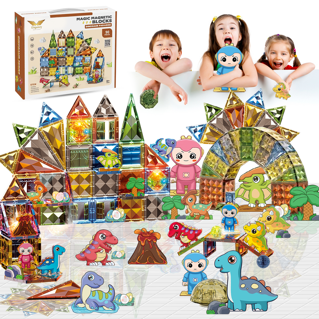 Elegancy 90 Pcs Magnetic Tiles Dinosaur Building Blocks Set, DIY 4D Diamond Kids Magnet Construction Tile, Interactive Educational Toys, Birthday Gifts for Children