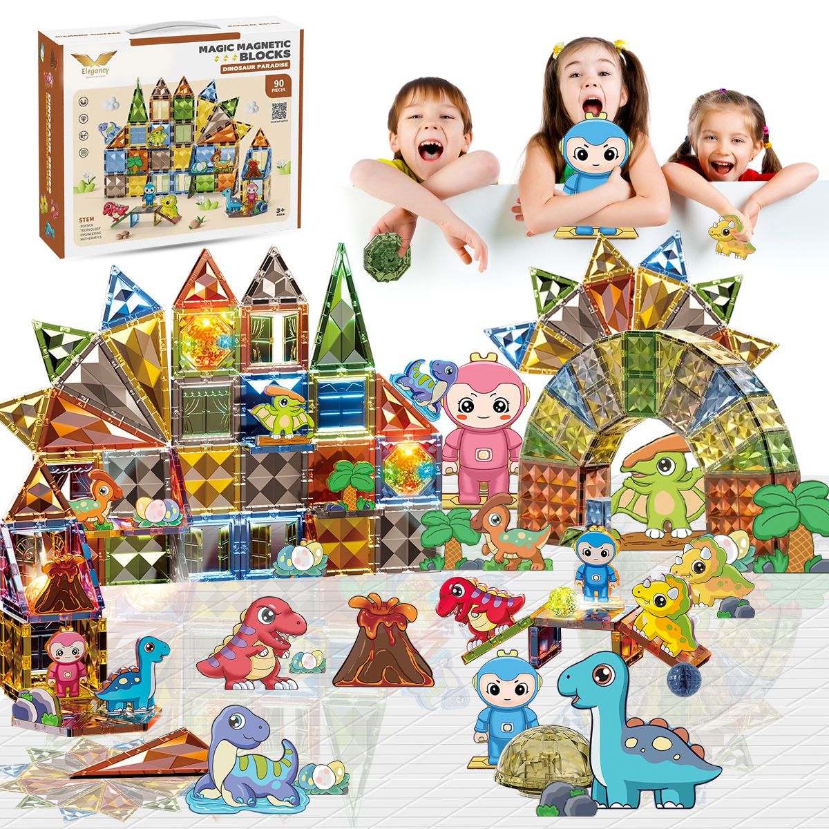 Elegancy 90 Pcs Magnetic Tiles Dinosaur Building Blocks Set, DIY 4D Diamond Kids Magnet Construction Tile, Interactive Educational Toys, Birthday Gifts for Children
