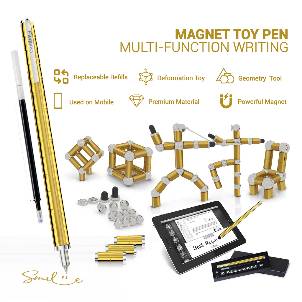Elegancy Magnetic Fidget Pen | Deformable Stress Relief Pen Toy | Cool Creative Magnet Pen for Teens & Adults Christmas Gifts (Gold)