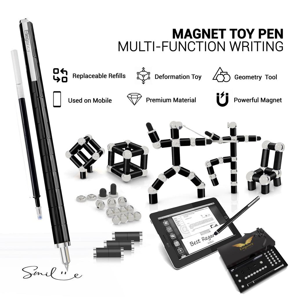 Elegancy Fidget Pen Magnetic Large Pack Teenage Toys Magnetic Pen Fidget Toy | Stress Relief Multi-functional Ballpoint Pens | Cool Stuff Magnets for Kids Present (Large Black)