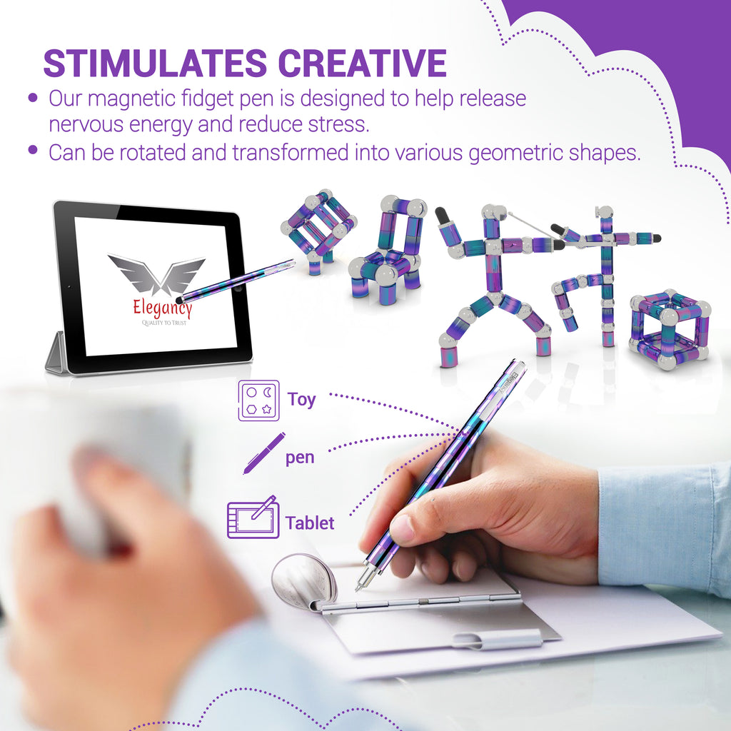 Elegancy Magnetic Fidget Pen Large PACK | Deformable Stress Relief Pen Toy | Cool Creative Magnet Pen for Teens & Adults Christmas Gifts (Large Rainbow)