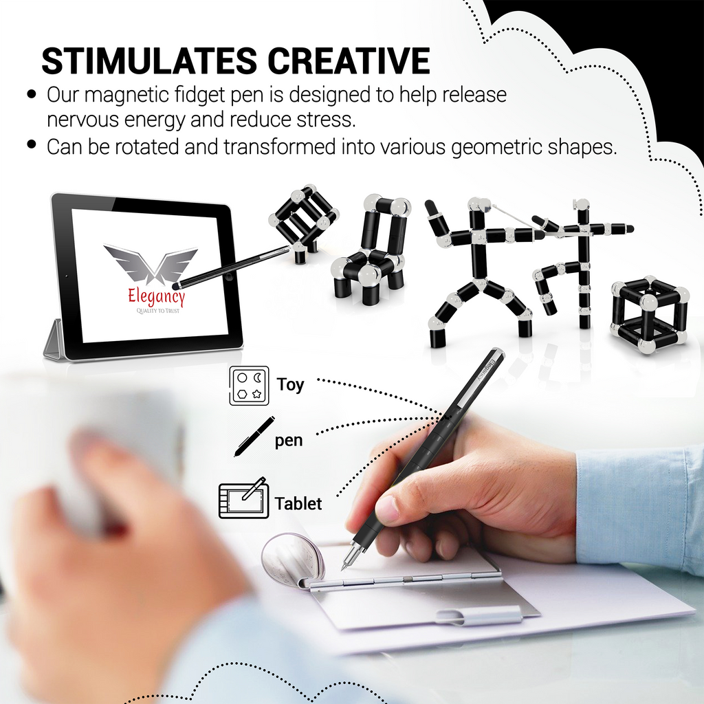 Elegancy Magnetic Fidget Pen | Deformable Stress Relief Pen Toy | Cool Creative Magnet Pen for Teens & Adults Christmas Gifts (Black)