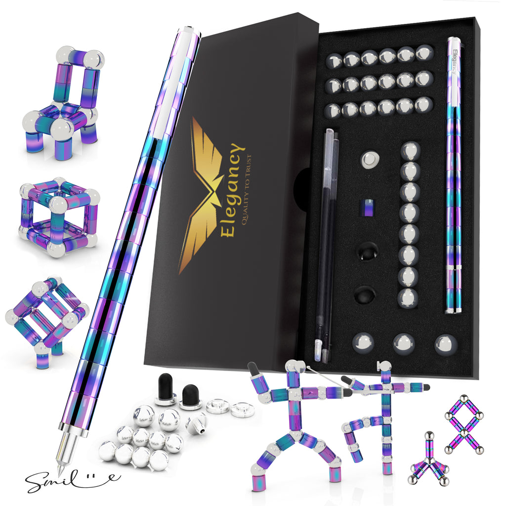 Elegancy Magnetic Fidget Pen Large PACK | Deformable Stress Relief Pen Toy | Cool Creative Magnet Pen for Teens & Adults Christmas Gifts (Large Rainbow)