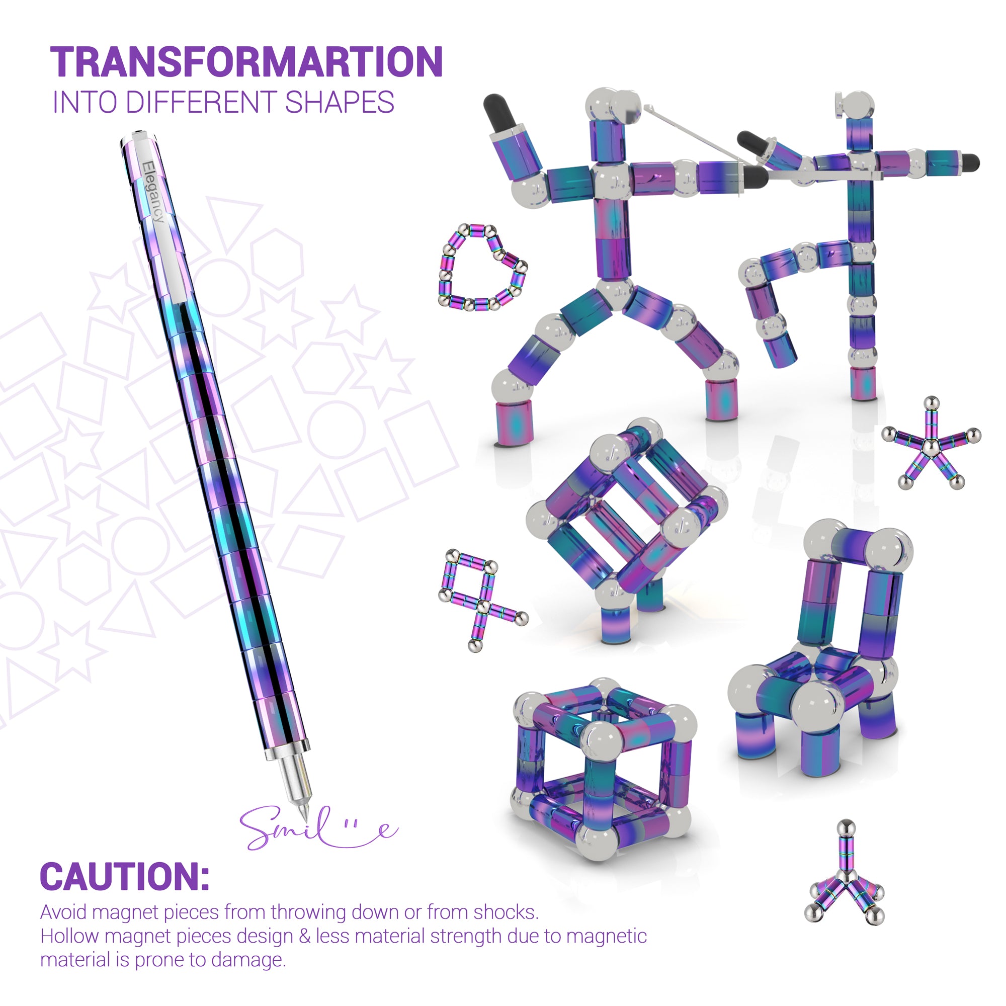 Elegancy Magnetic Fidget Pen Large PACK | Deformable Stress Relief Pen Toy | Cool Creative Magnet Pen for Teens & Adults Christmas Gifts (Large Rainbow)