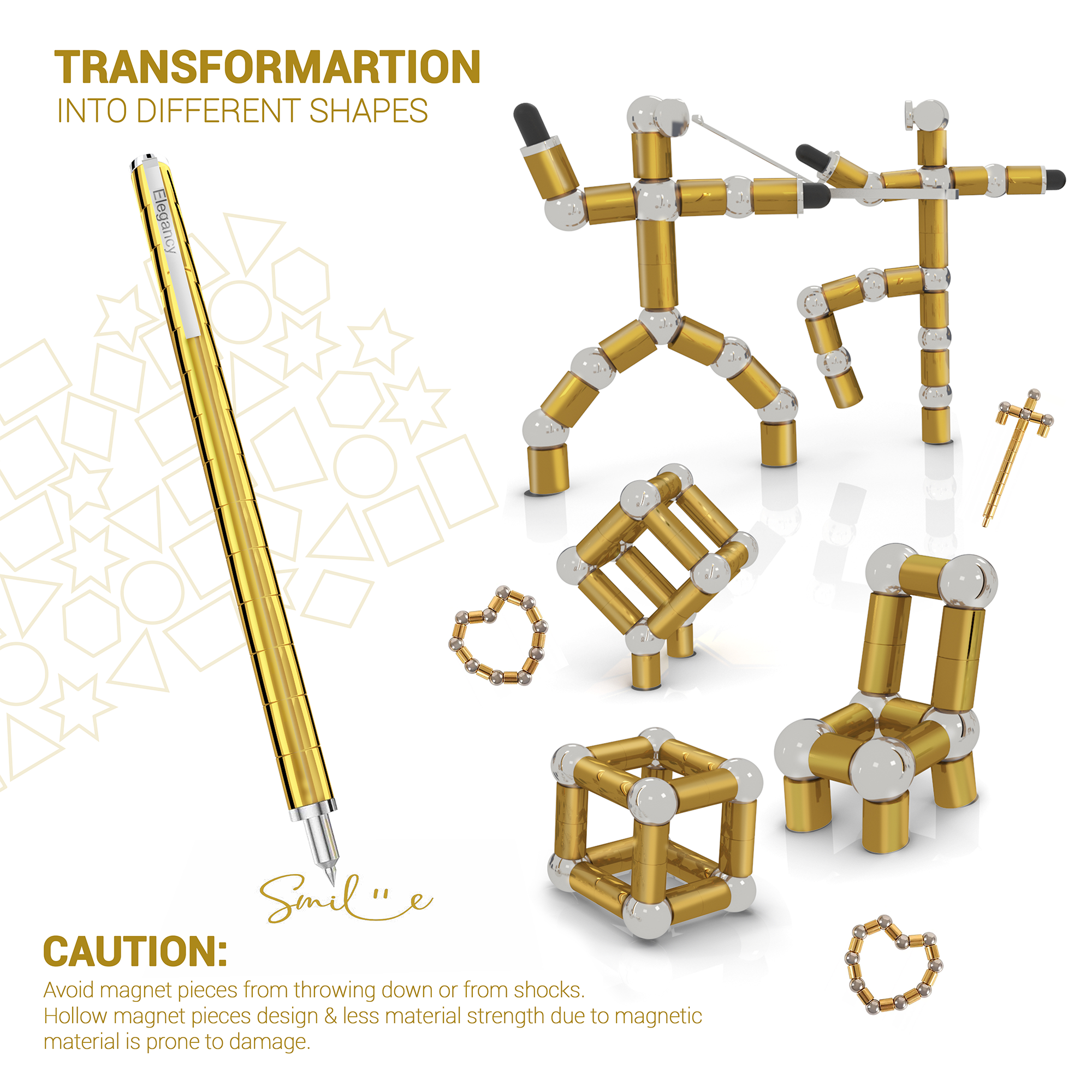 Elegancy Magnetic Fidget Pen | Deformable Stress Relief Pen Toy | Cool Creative Magnet Pen for Teens & Adults Christmas Gifts (Gold)